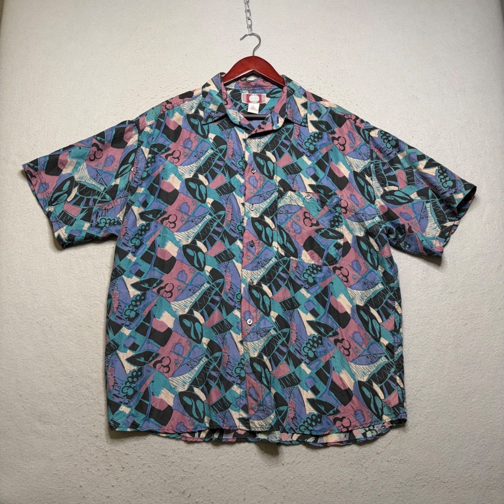 Chiamare Shirt Mens Large Multicolor Vintage 80s Silk Abstract Short Sleeve Bold